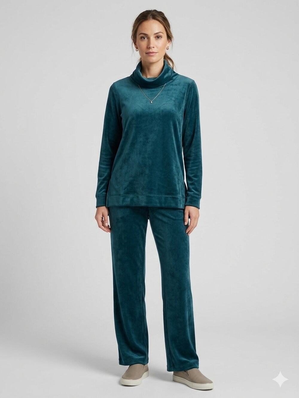 Magaschoni Women's Velour Lounge Set Small Forest Green 2 Piece Mock Neck Cozy